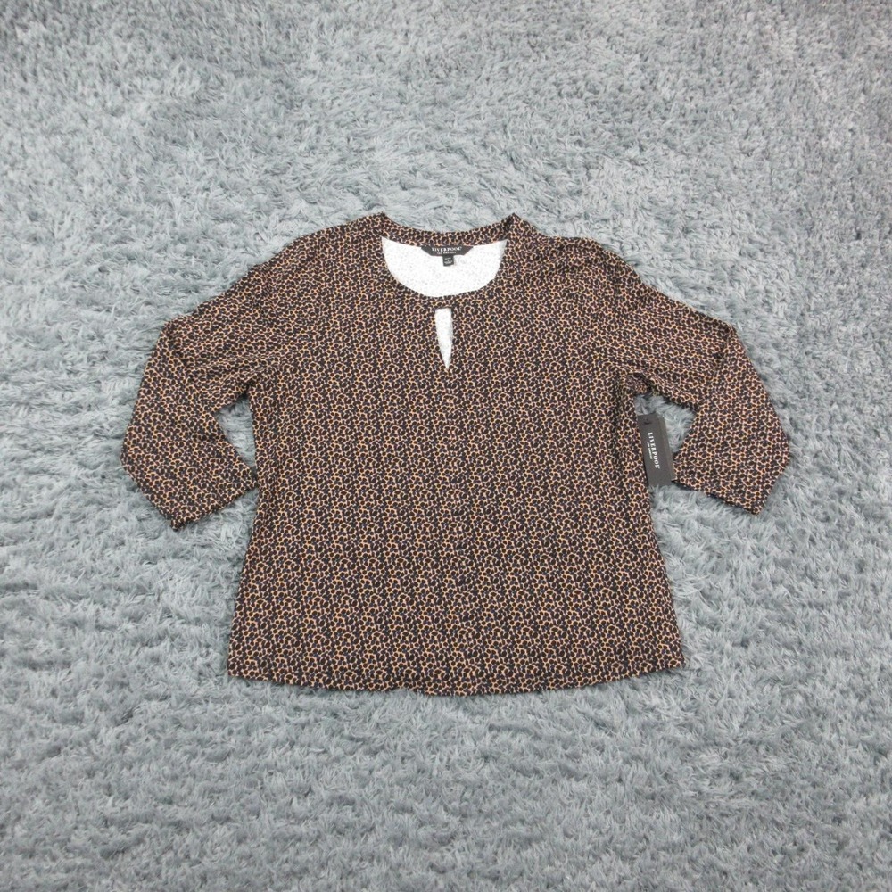 Liverpool Shirt Womens Petite S Beige Leopard 3/4 Sleeve Keyhole Jersey NWT
